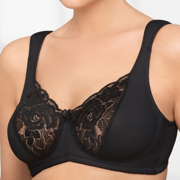 Glamorise (X-WIDE-STRAP) Bra 50F Satin Lace Soft Cup Plus-Size Support Black NEW - Picture 11 of 16